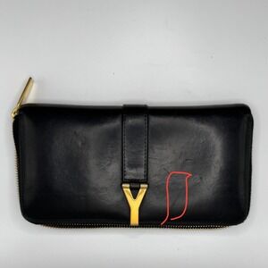 Saint Laurent Paris Black Leather YSL Gold Hardware Zip‎ Around Wallet